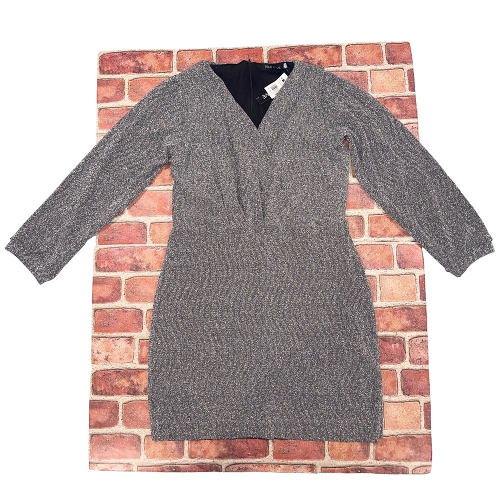 New True Love Black/Silver Long Sleeve Formal Party Dress V-Neck Size L Sparkle